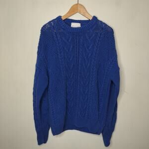 Vtg Men's Fisherman Chunky Cable Knit Sweater Blue Cotton